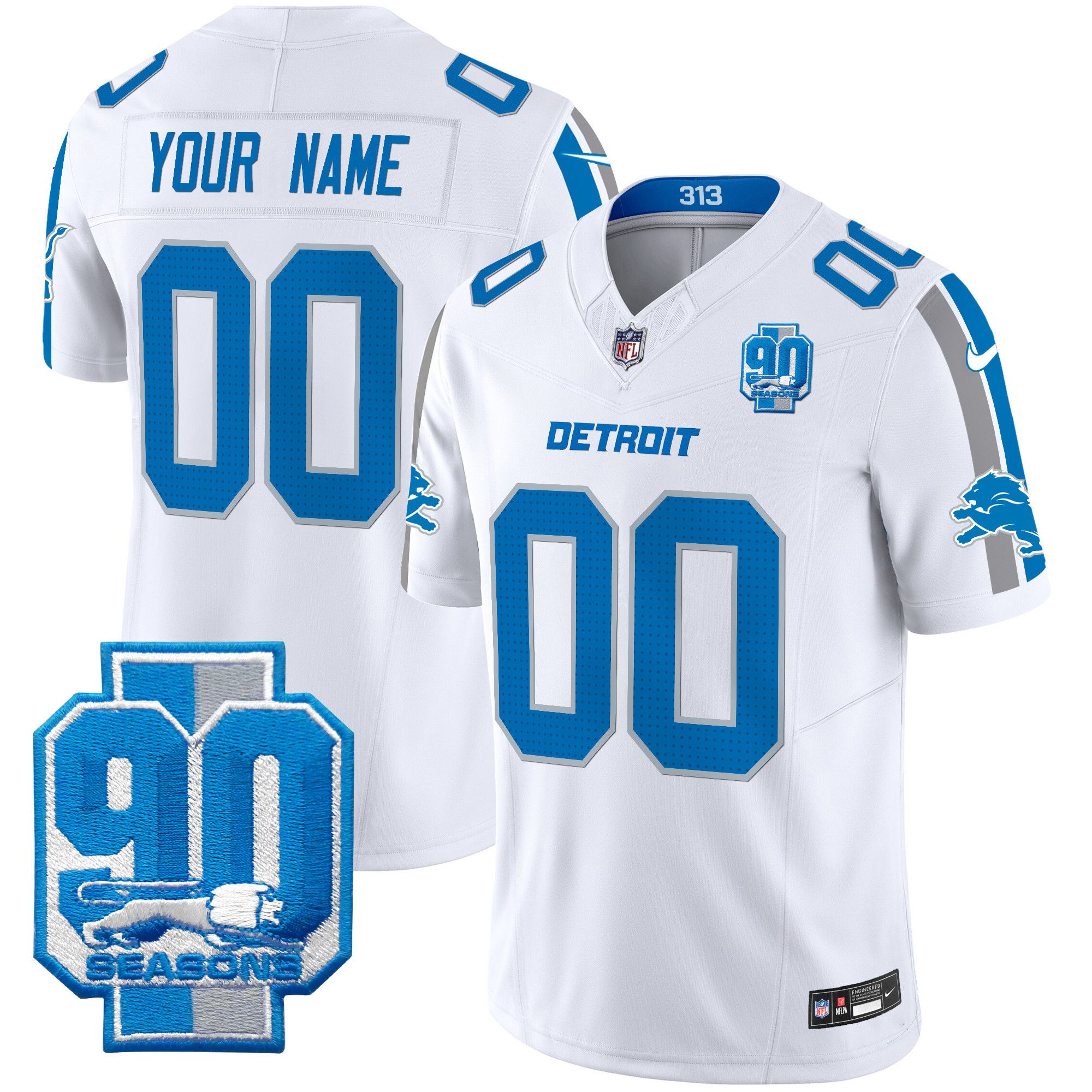 Men Detroit Lions White 2024 Nike 90th Year Patch Vapor Limited Custom NFL Jersey